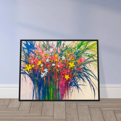 A vibrant explosion of wildflowers in yellow, red, and white bursts from lush green stems, radiating energy and joy.