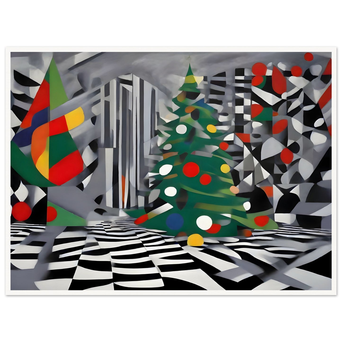 An abstract holiday scene featuring geometric Christmas trees with vibrant ornaments, set against a monochromatic patterned background.