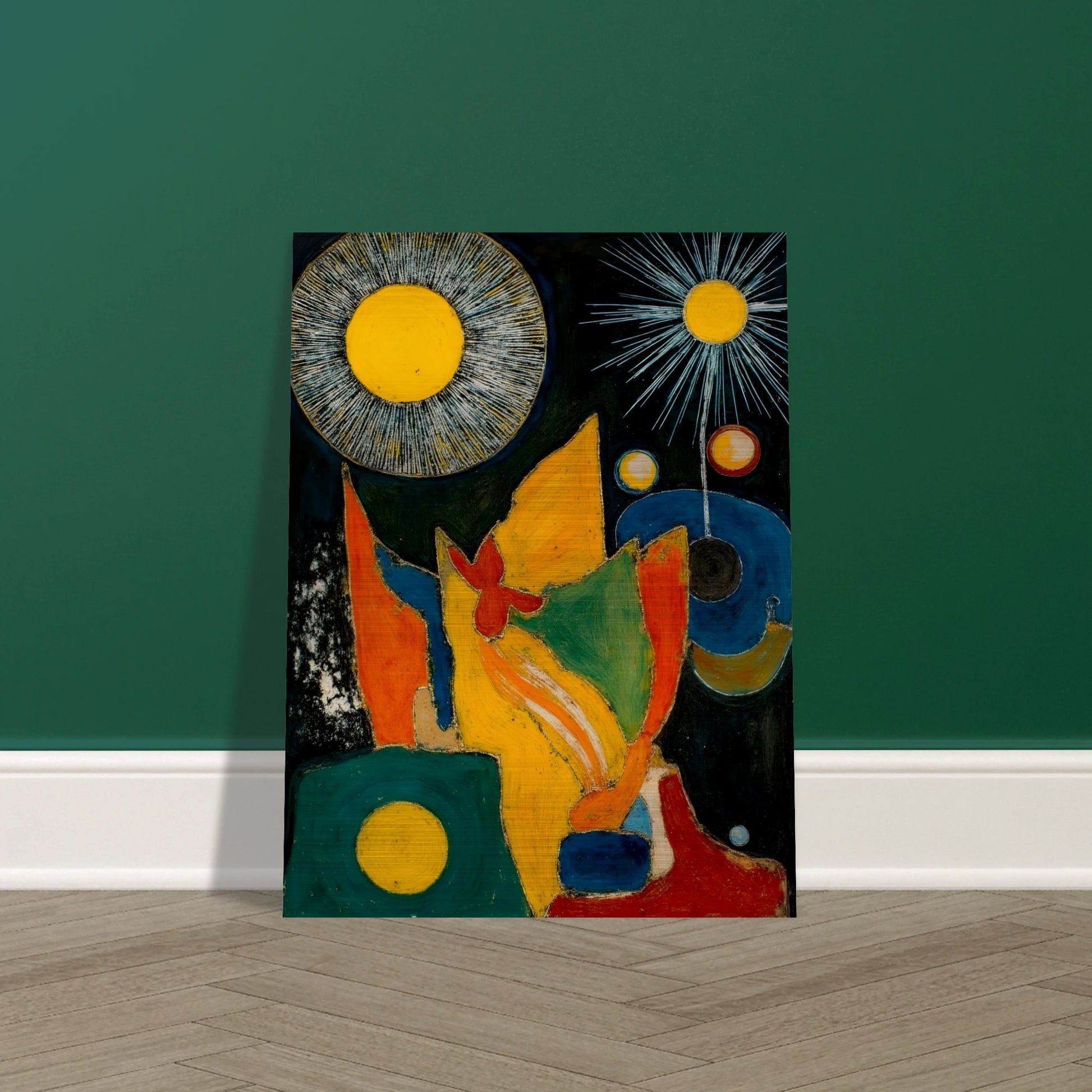 Golden sunbursts shine above vivid red, green, blue, and orange forms on a dark background.