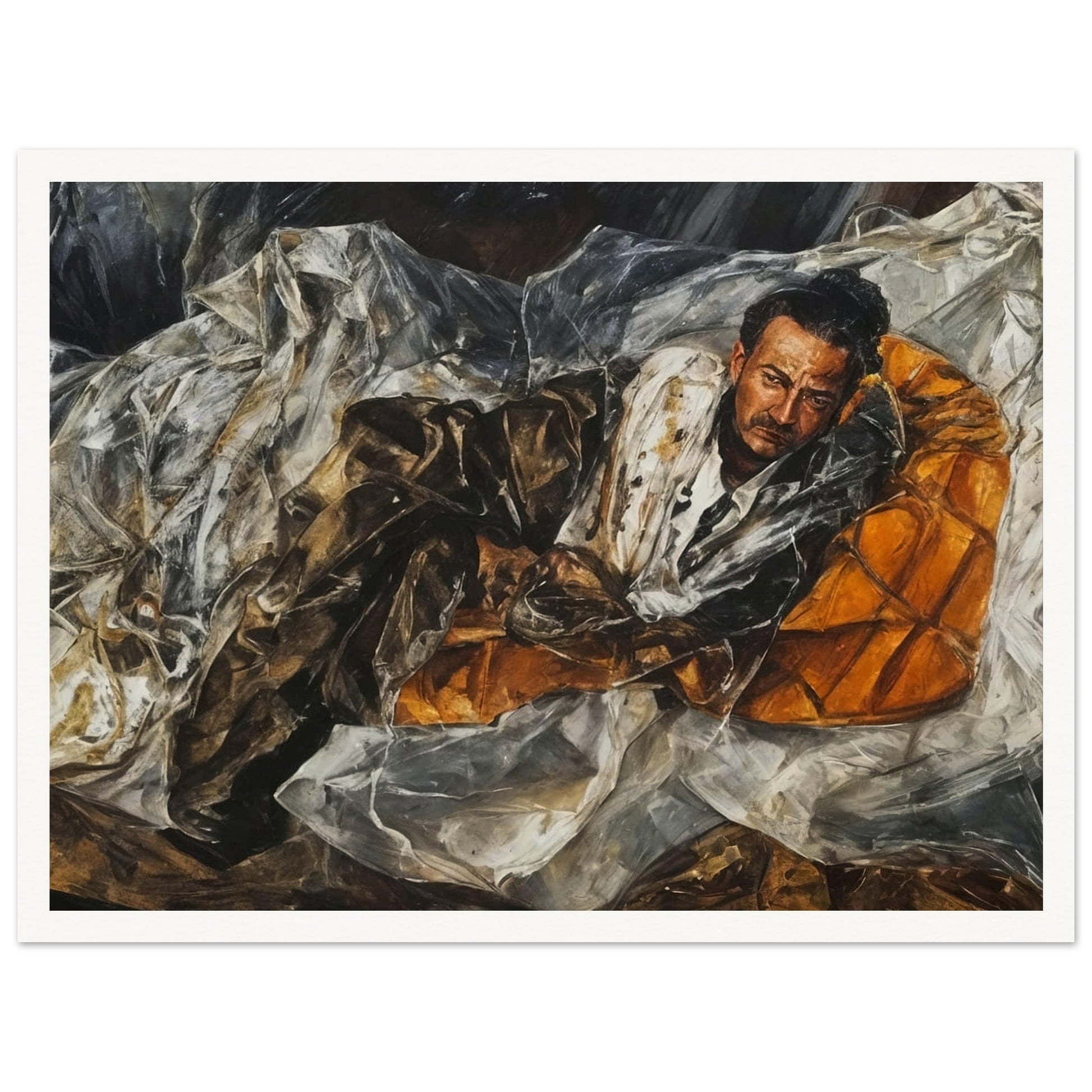 A realistic painting of a man lying down on an orange cushion, draped in textured fabrics, with a contemplative expression.