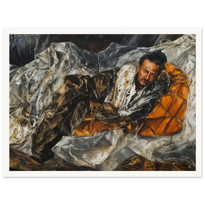 A realistic painting of a man lying down on an orange cushion, draped in textured fabrics, with a contemplative expression.