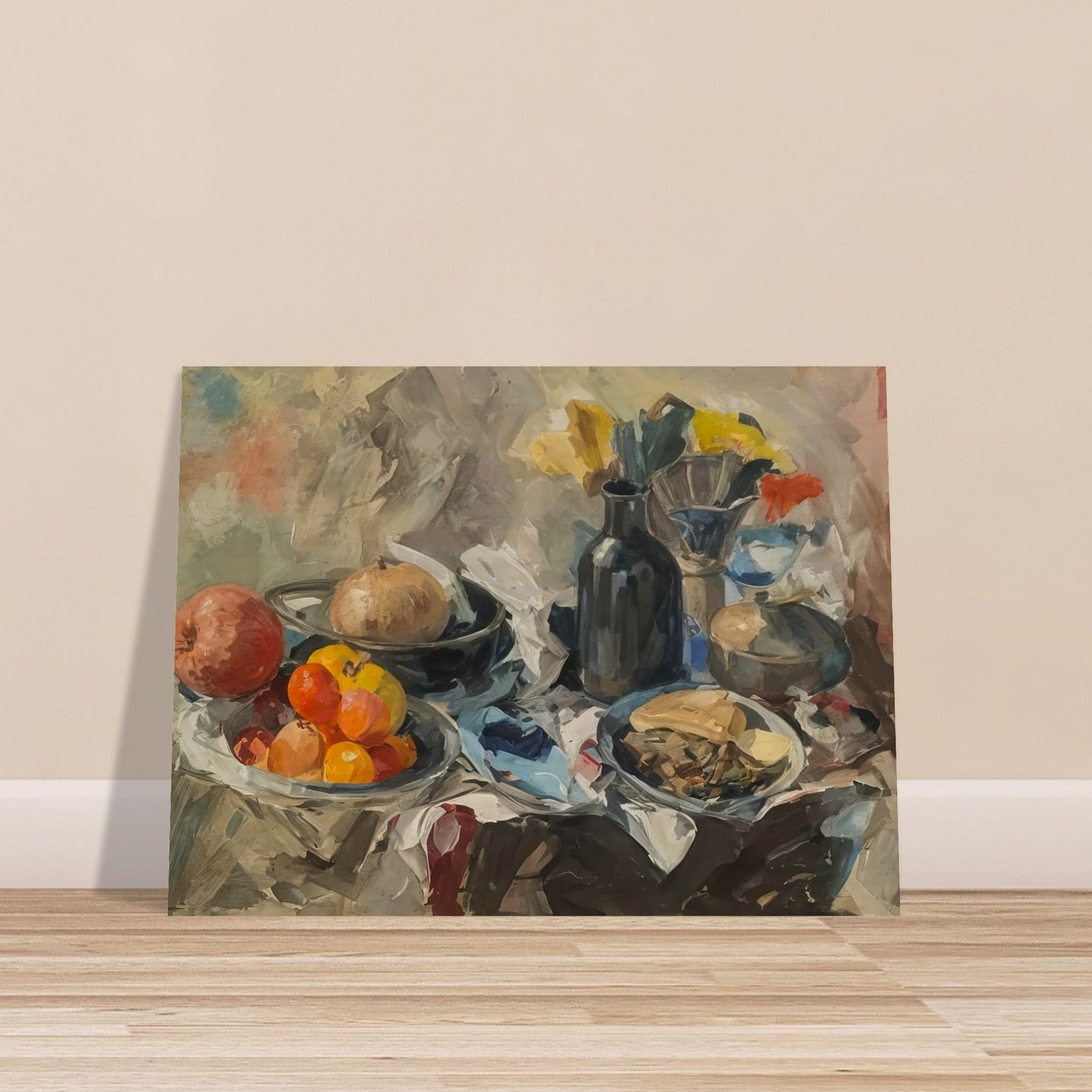 A rustic still life painting featuring a variety of fruits, a dark bottle, and scattered tableware on a draped table.