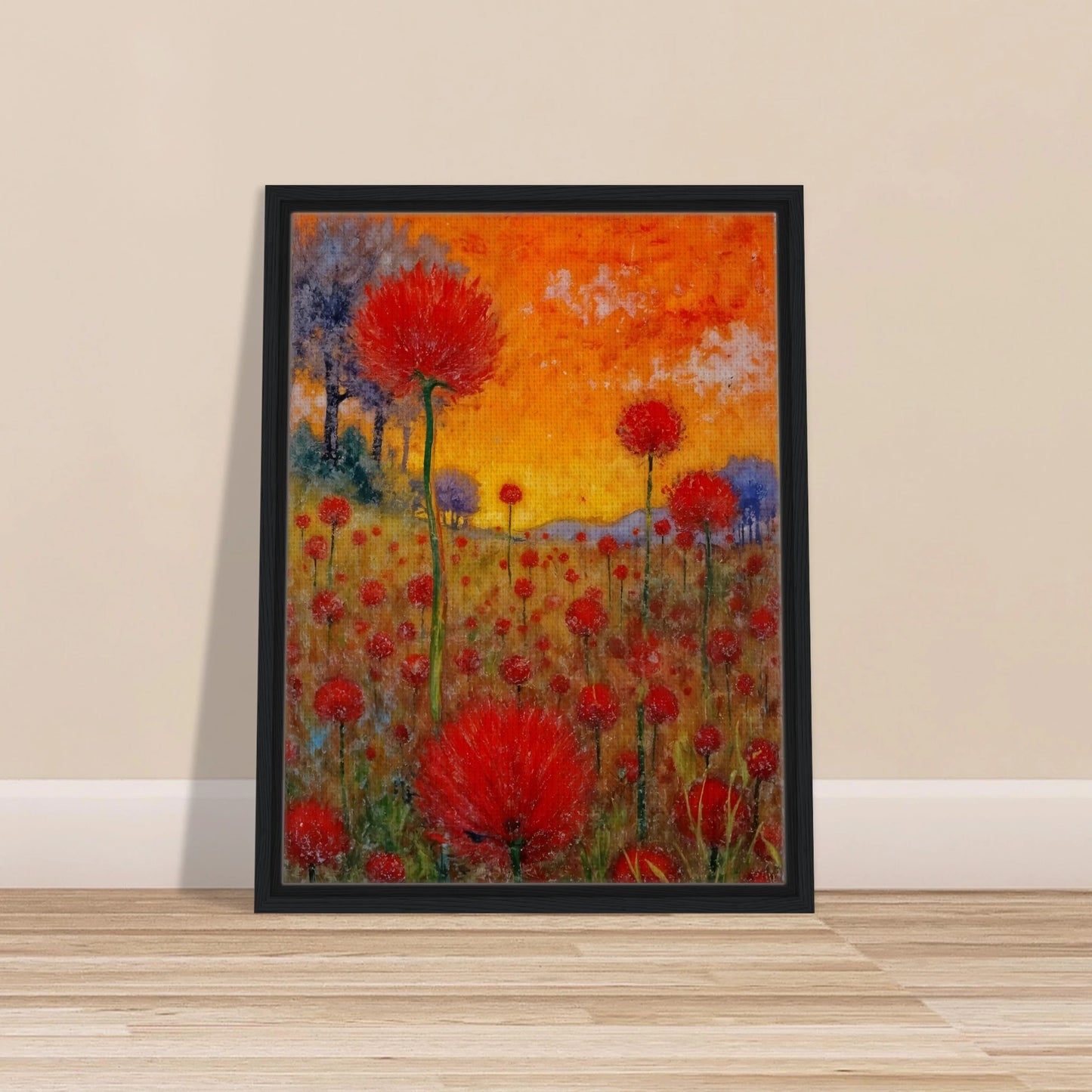 A radiant field of red blossoms under a glowing orange sky, blending vibrant warmth with a dreamy sense of renewal.