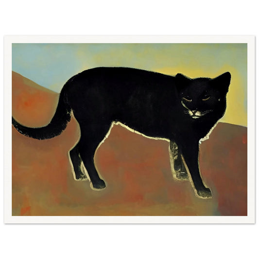 A dark and enigmatic black cat with piercing eyes stands against a warm, earthy backdrop in a minimalist style.