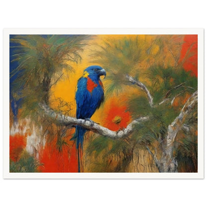 "A vibrant painting of a parrot with blue, red, and yellow feathers perched on a branch, set against a lush, tropical backdrop with rich orange and green hues."