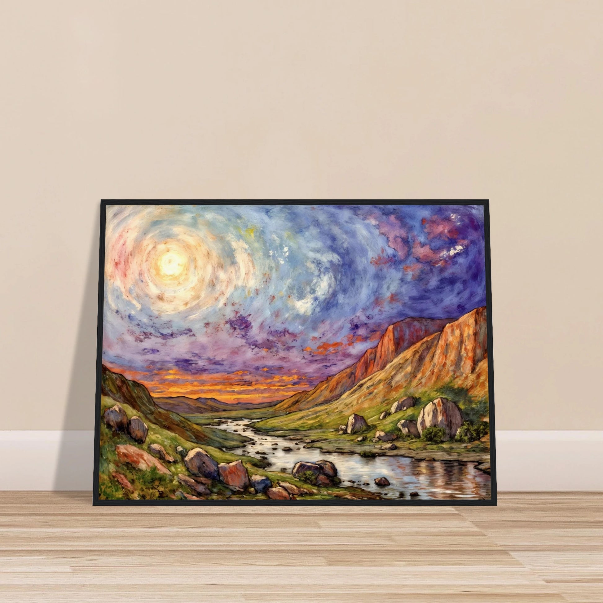 Luminous swirling sky above a rugged canyon valley with winding river, glowing cliffs, and vibrant twilight tones in a dramatic landscape.
