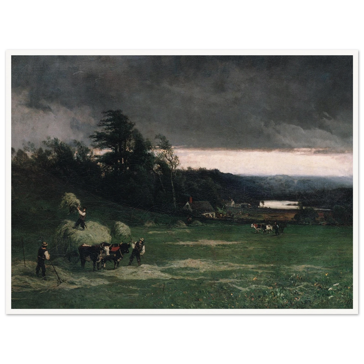 Workers gather hay in a green field under dark storm clouds