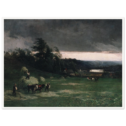 Workers gather hay in a green field under dark storm clouds