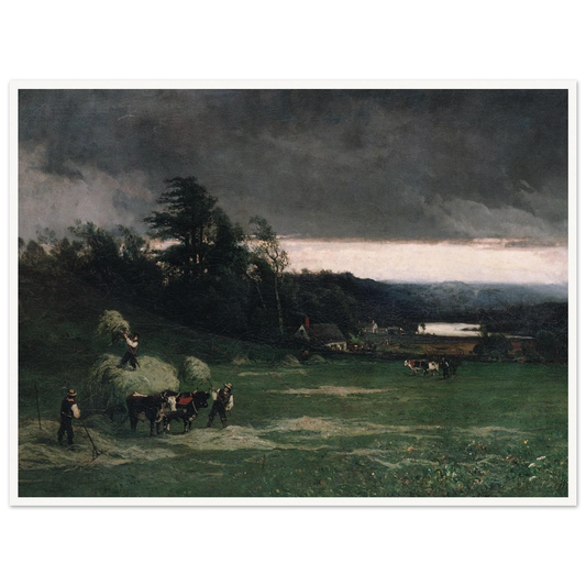Workers gather hay in a green field under dark storm clouds