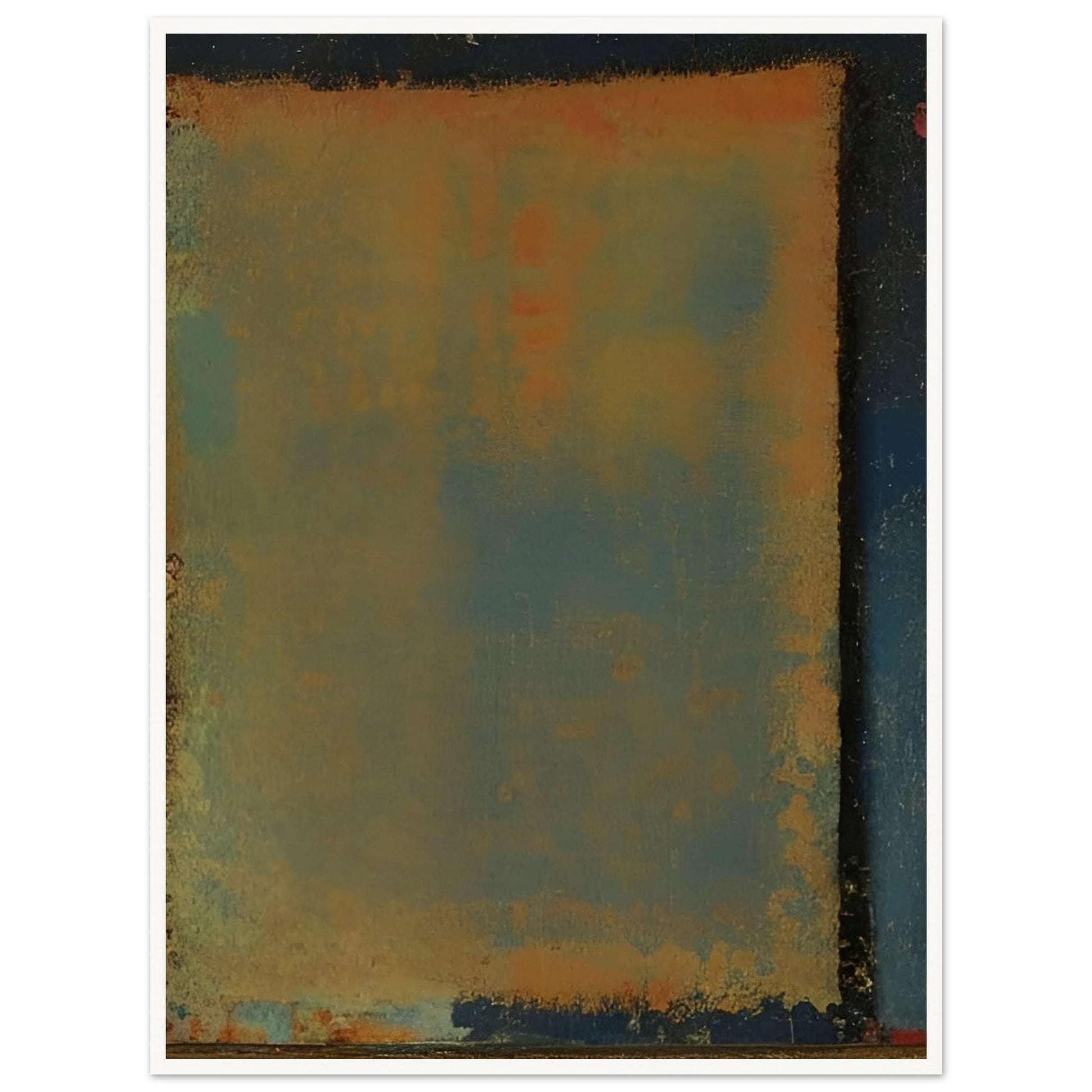 A serene abstract painting with shades of blue, orange, and yellow blending softly together in a rectangular form.