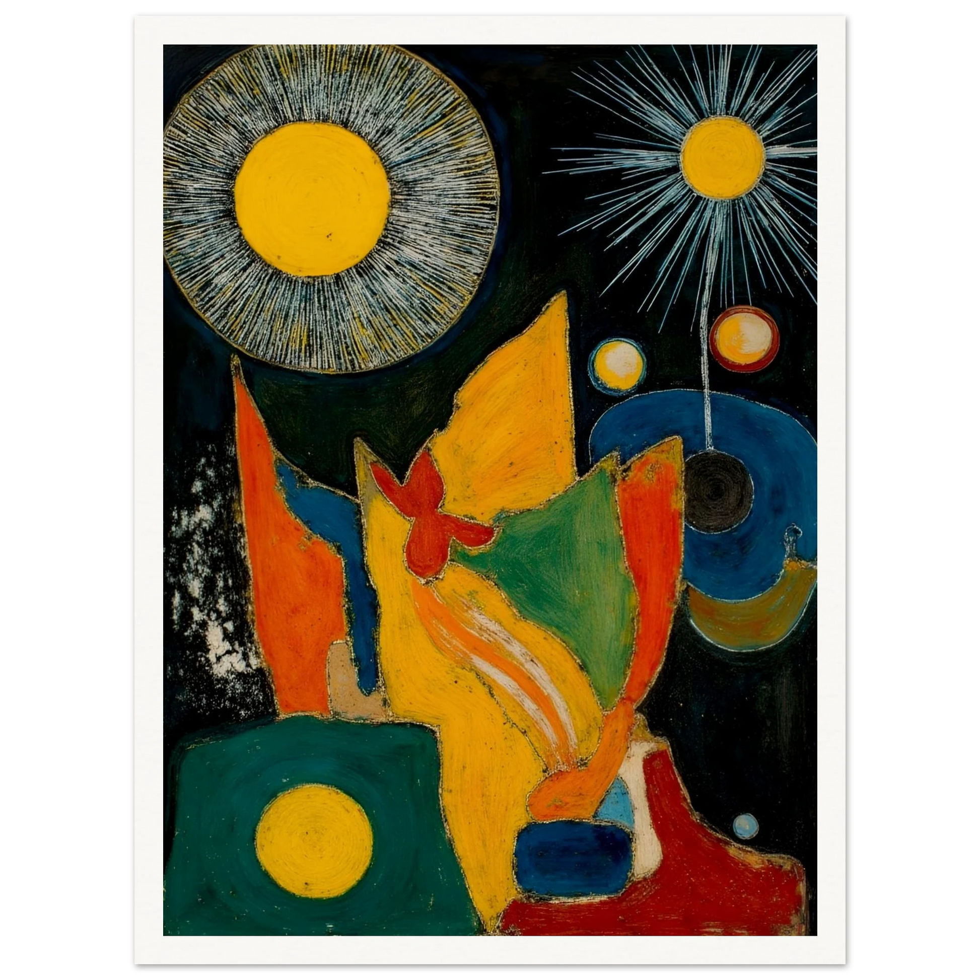 Golden sunbursts shine above vivid red, green, blue, and orange forms on a dark background.
