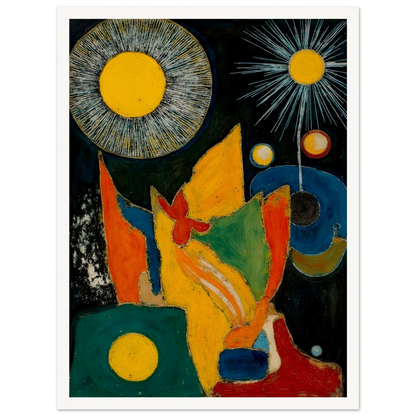 Golden sunbursts shine above vivid red, green, blue, and orange forms on a dark background.