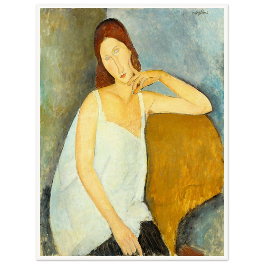 Seated woman in a white chemise rests her hand near her face against a blue and ochre background