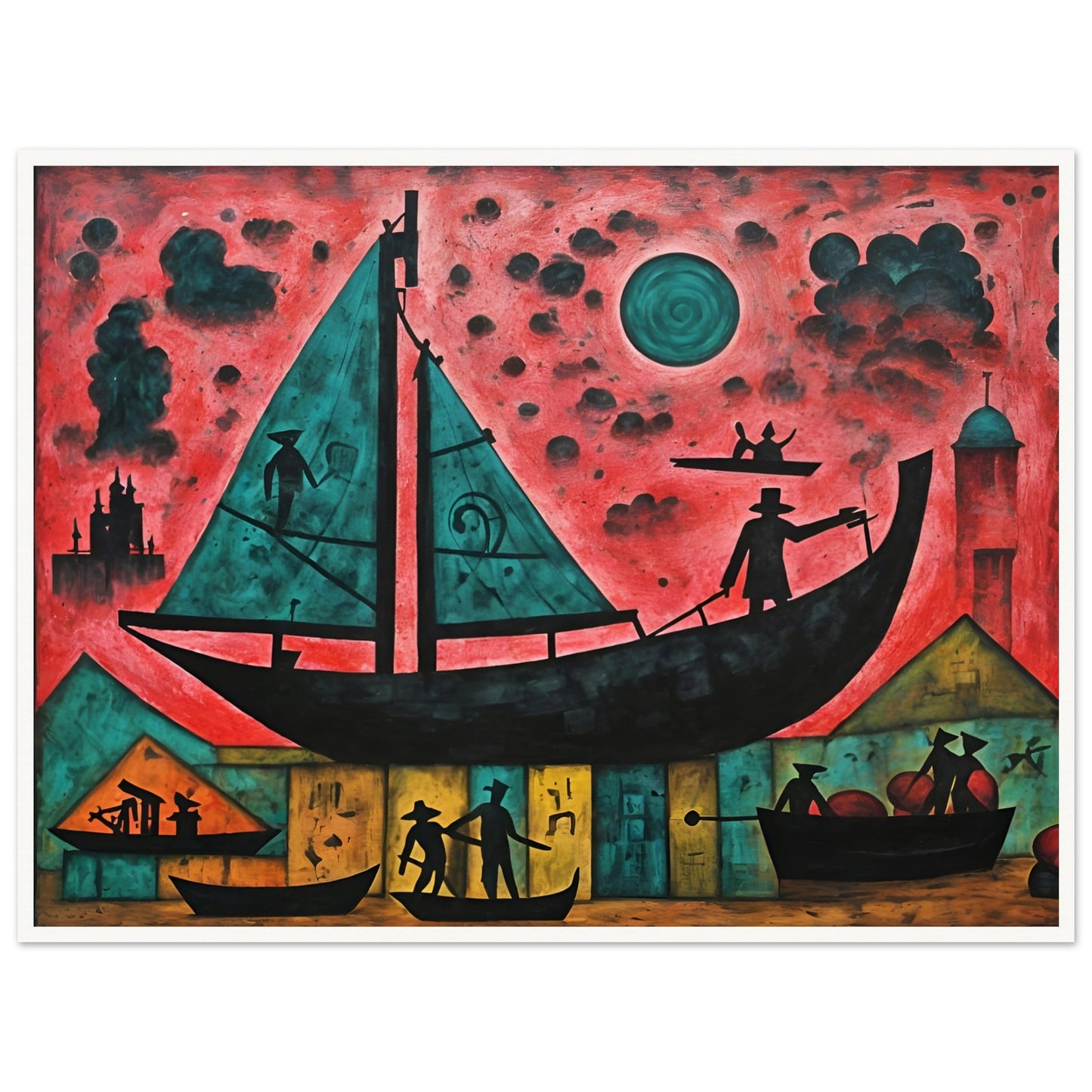 A surreal painting of silhouetted figures on boats against a red sky, featuring dark teal sails, mysterious buildings, and a glowing moon.