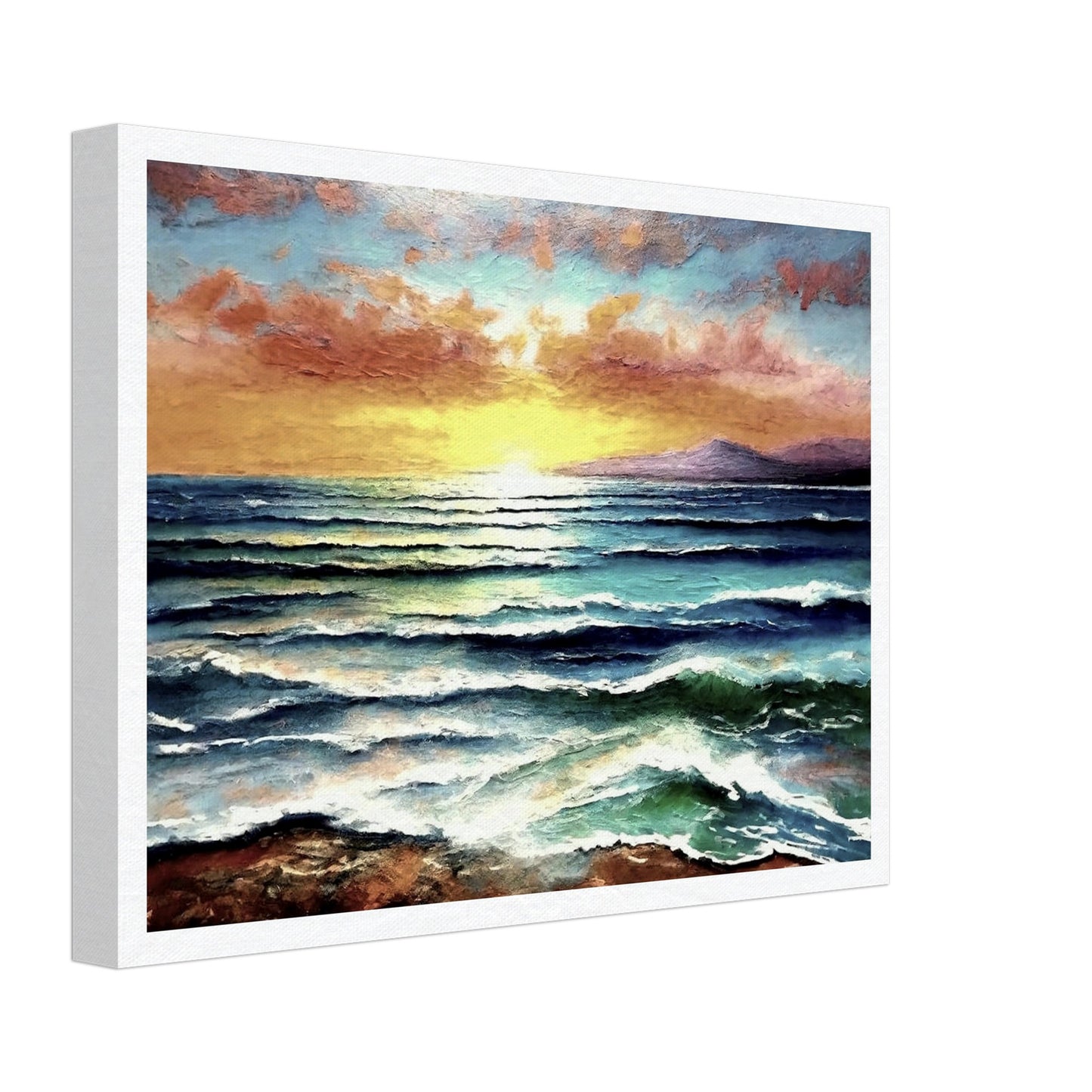 A serene view of ocean waves at sunset with a golden sky, vibrant clouds, and mountains in the distance.