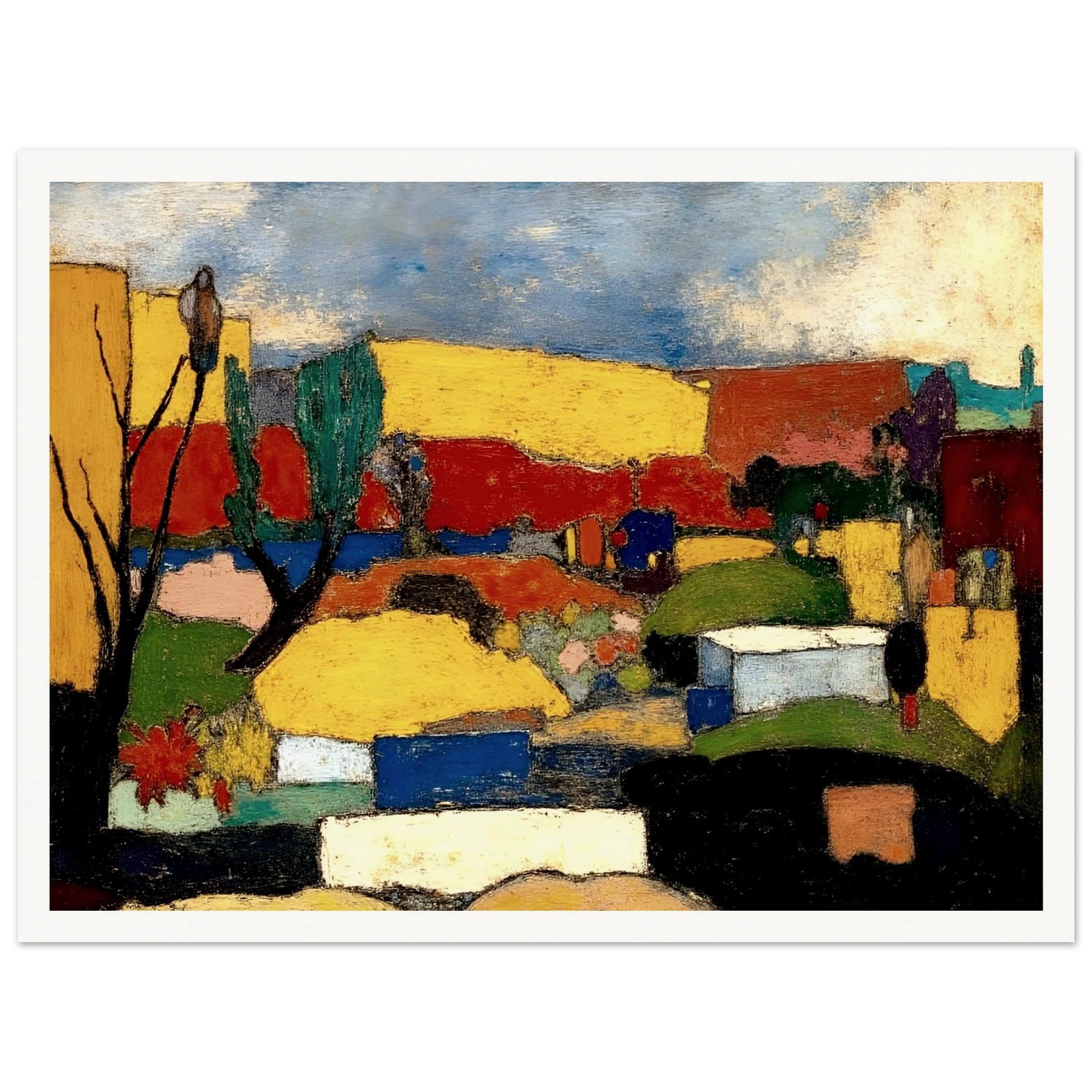 Colorful village nestled among rolling hills with bright rooftops, trees, and fields beneath a textured blue sky.