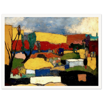 Colorful village nestled among rolling hills with bright rooftops, trees, and fields beneath a textured blue sky.