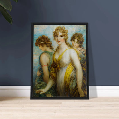 Three classical women in flowing drapery pose together against a soft blue sky.