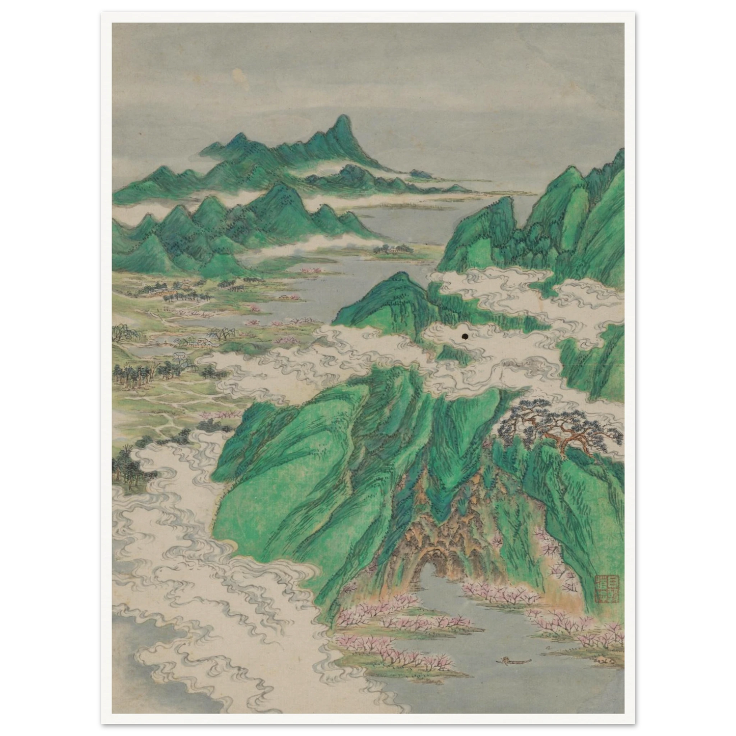 Green mountains rise through curling white clouds above rivers, villages, and pink blossoms in a traditional Chinese landscape.
