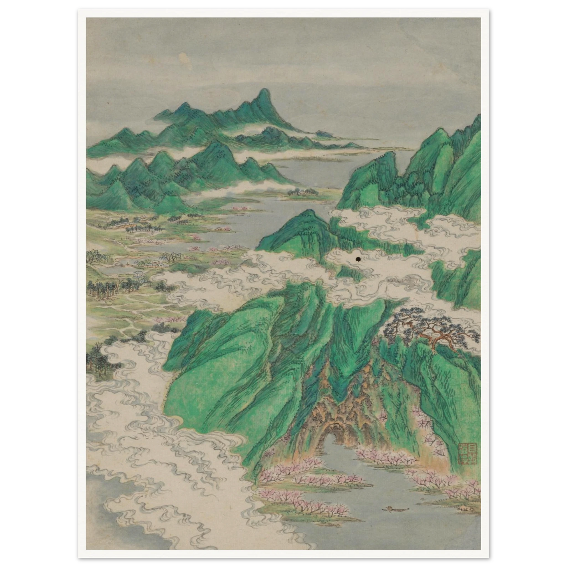 Green mountains rise through curling white clouds above rivers, villages, and pink blossoms in a traditional Chinese landscape.