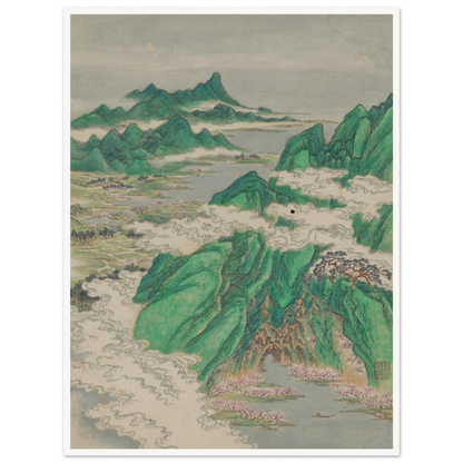 Green mountains rise through curling white clouds above rivers, villages, and pink blossoms in a traditional Chinese landscape.