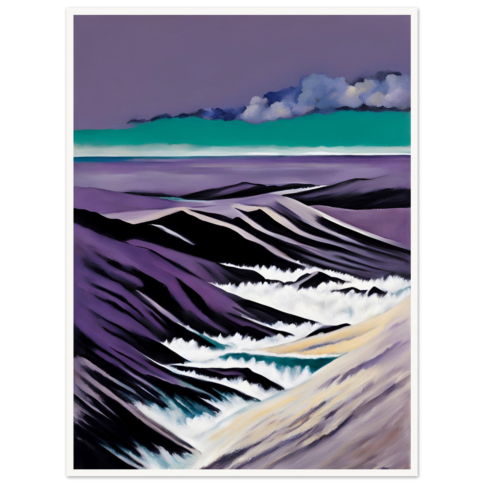 A striking seascape with deep purple mountains, foamy white waves, and a teal horizon beneath dramatic cloud formations.