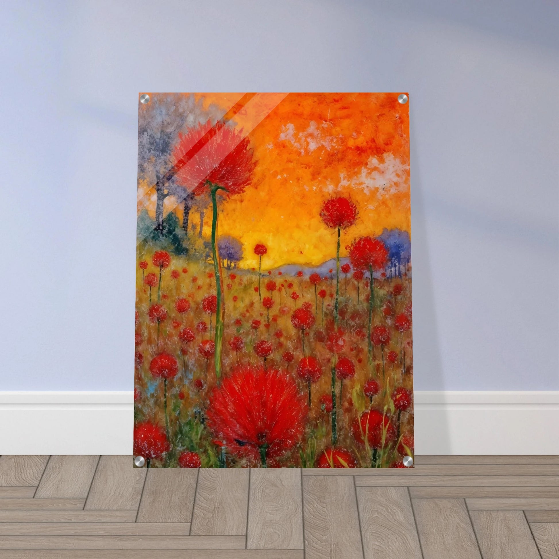 A radiant field of red blossoms under a glowing orange sky, blending vibrant warmth with a dreamy sense of renewal.