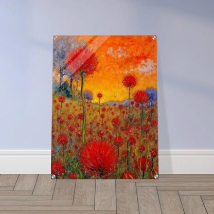 A radiant field of red blossoms under a glowing orange sky, blending vibrant warmth with a dreamy sense of renewal.