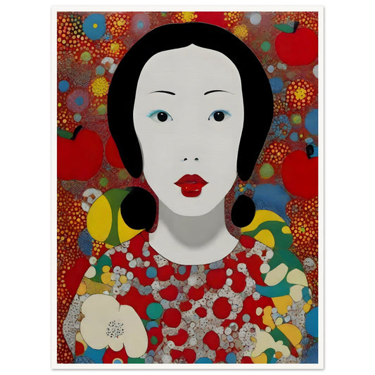 A stunning portrait of a woman with striking red lips and black hair, surrounded by vibrant abstract patterns of red, yellow, and blue.