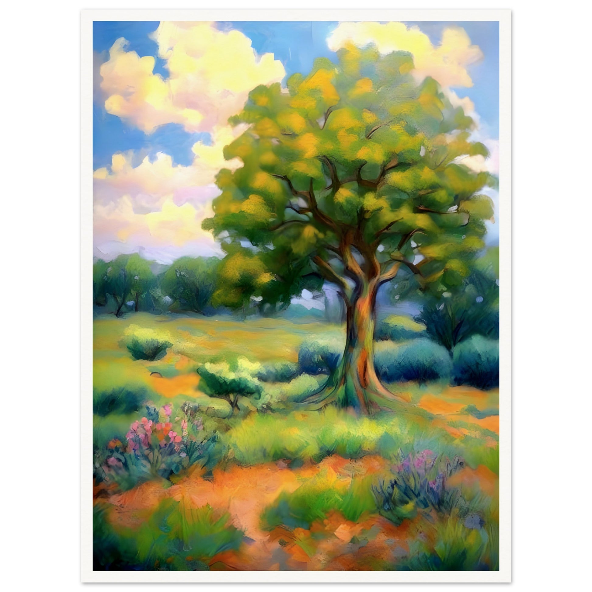 A lush, vibrant landscape featuring a majestic tree with golden-green leaves standing in a sunlit meadow, surrounded by wildflowers and rolling hills under a bright sky.