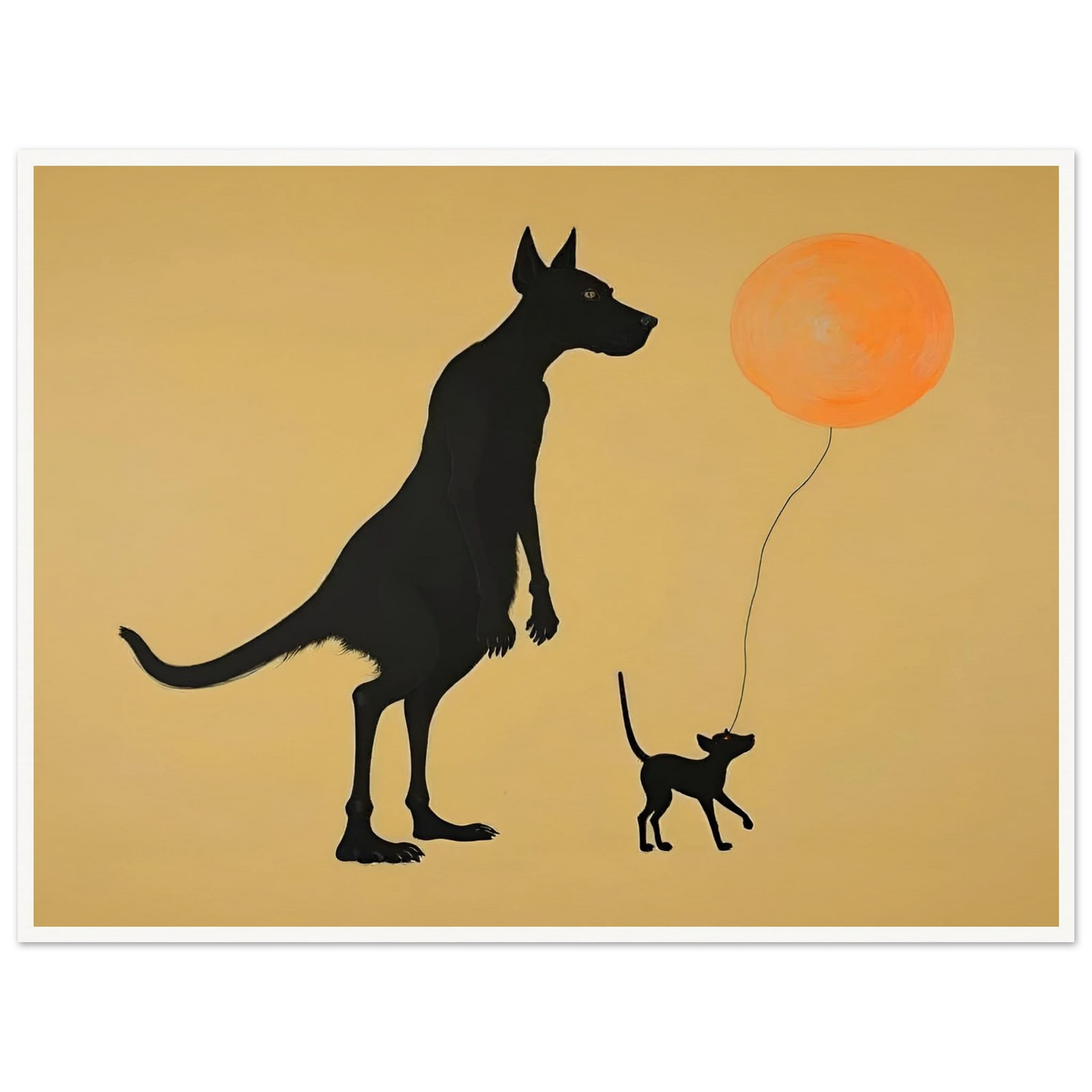 Two silhouetted dogs stand under a soft tan sky, one holding an orange balloon, capturing a playful moment of friendship.