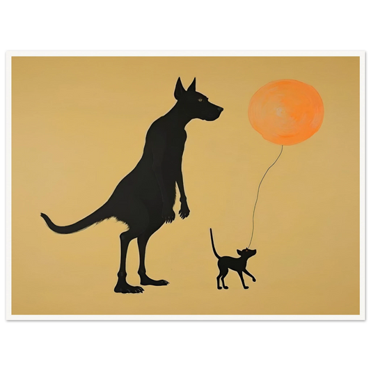 Two silhouetted dogs stand under a soft tan sky, one holding an orange balloon, capturing a playful moment of friendship.