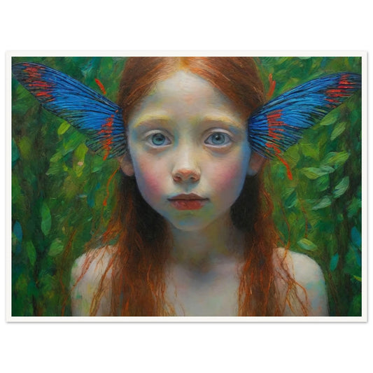 A realistic painting of a young girl with long red hair and vibrant butterfly wings emerging from her ears. She stands against a lush green background, looking directly at the viewer.