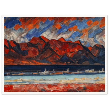 A striking landscape painting with red mountains under a dramatic sky, reflecting vibrant hues in a serene body of water.