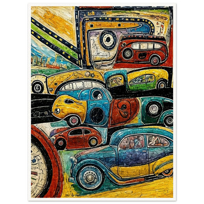 A lively artwork featuring vibrant, multi-colored vintage cars in various shapes and sizes on a winding road, showcasing a playful take on travel and motion.