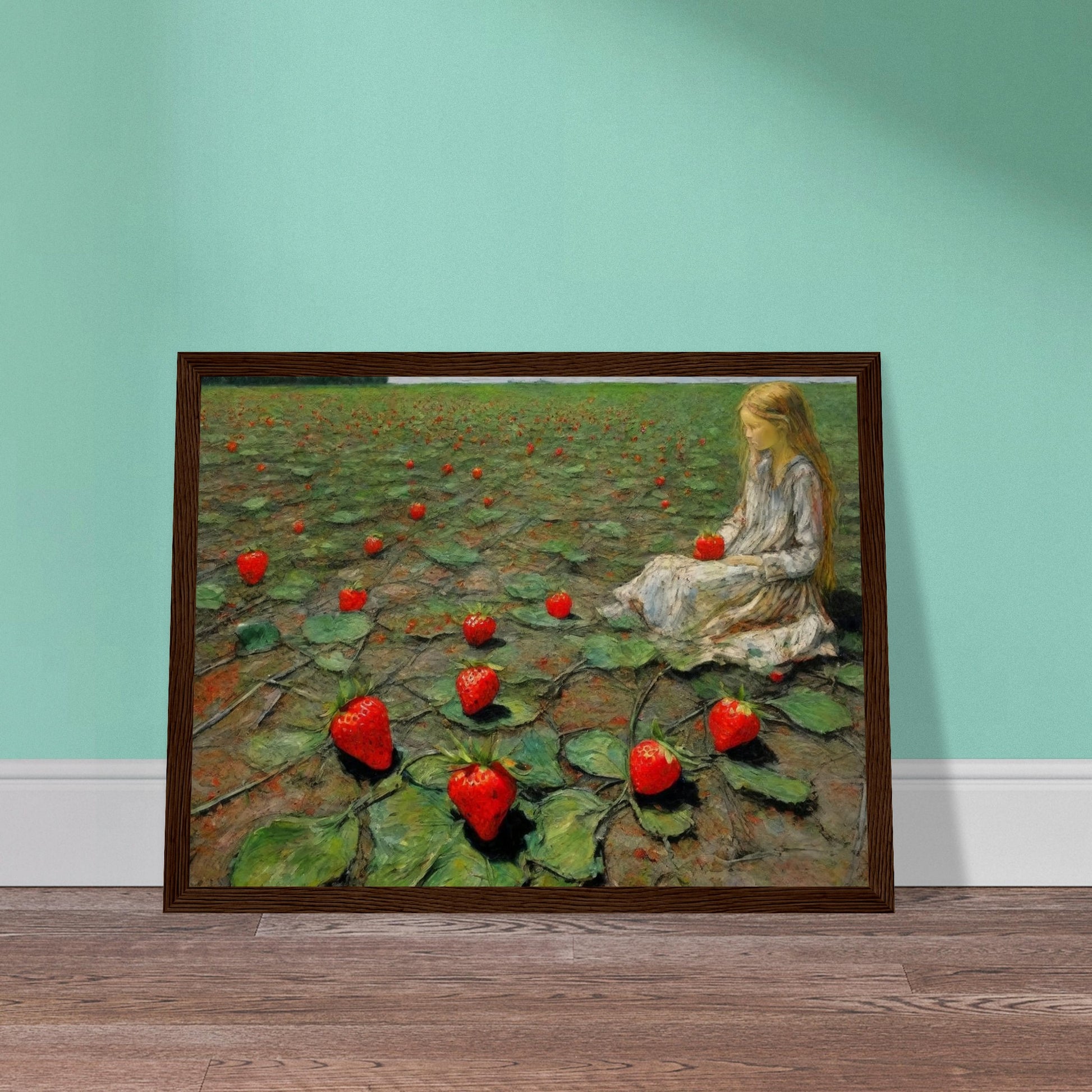 A painting of a young girl sitting in a field of large strawberries, creating a whimsical and surreal scene.