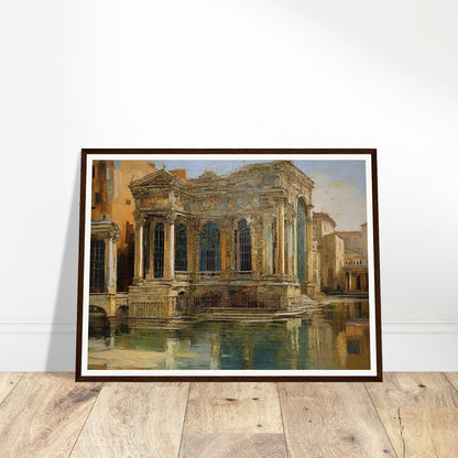 A grand, classical building with intricate columns and large windows, reflected in the calm waters of a historic European cityscape.