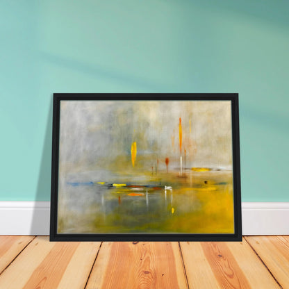 Ethereal waterscape with soft mist, luminous gold reflections, and delicate vertical lights drifting across a tranquil horizon.