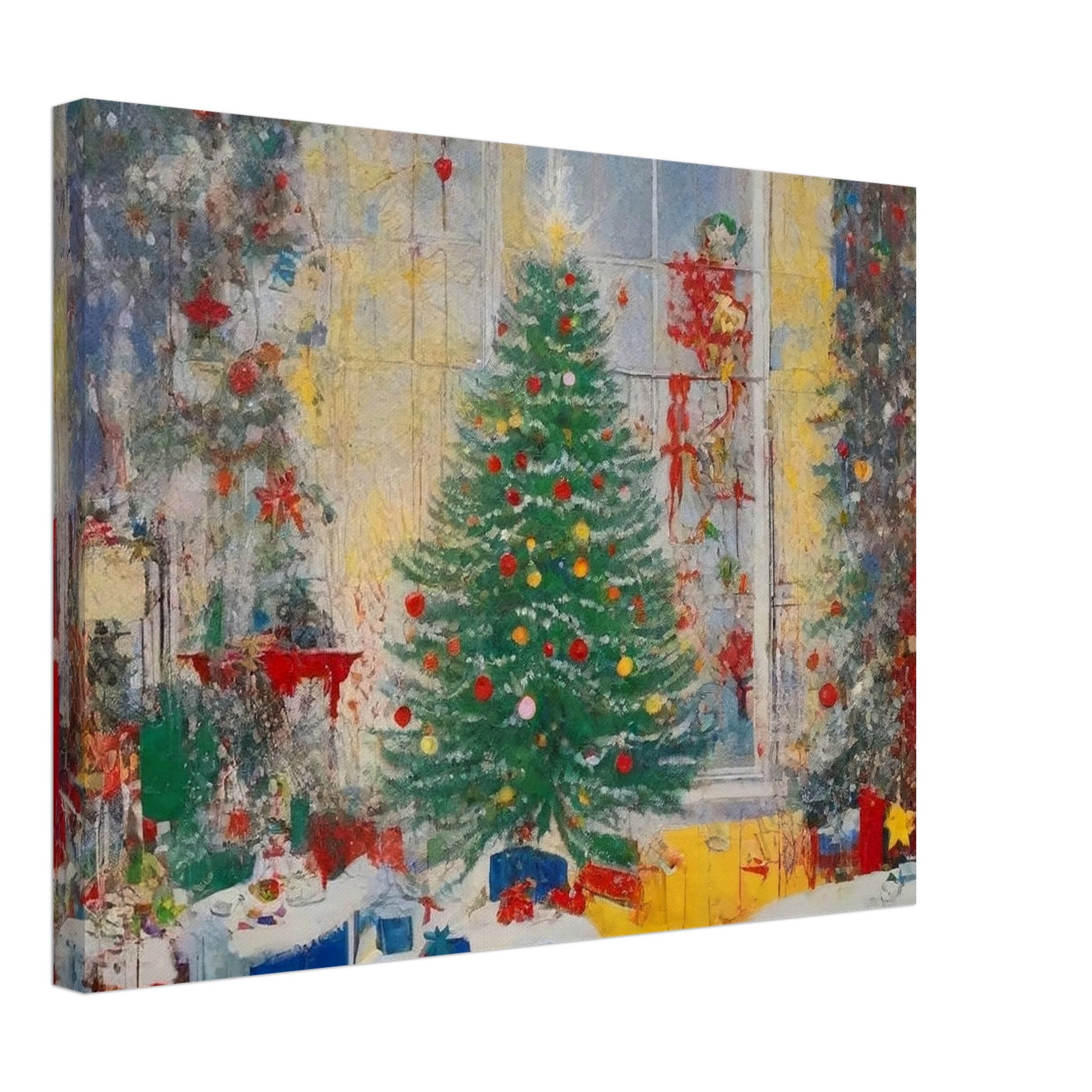 A vibrant painting of a festive living room with a beautifully decorated Christmas tree, glowing lights, and wrapped presents by a large window.

