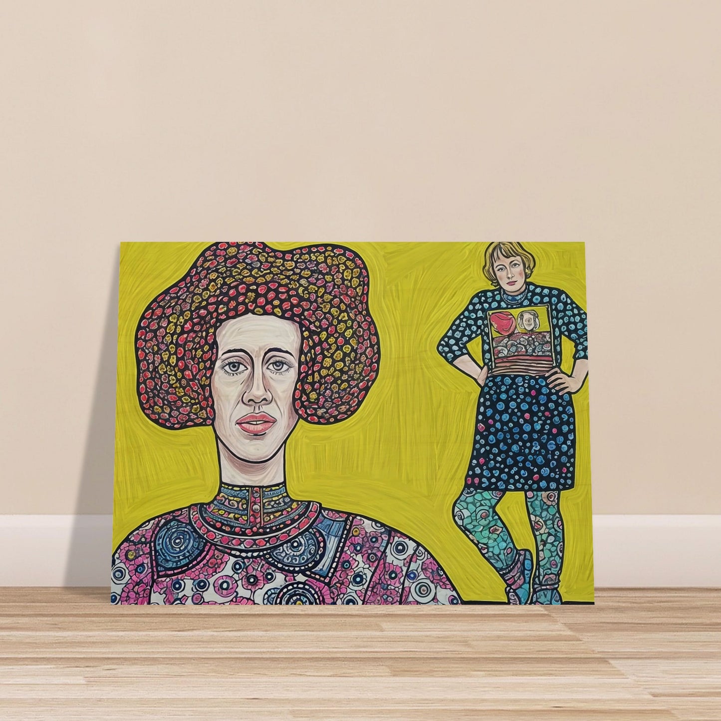 A colorful dual portrait painting featuring two women in patterned clothing against a bright yellow background.