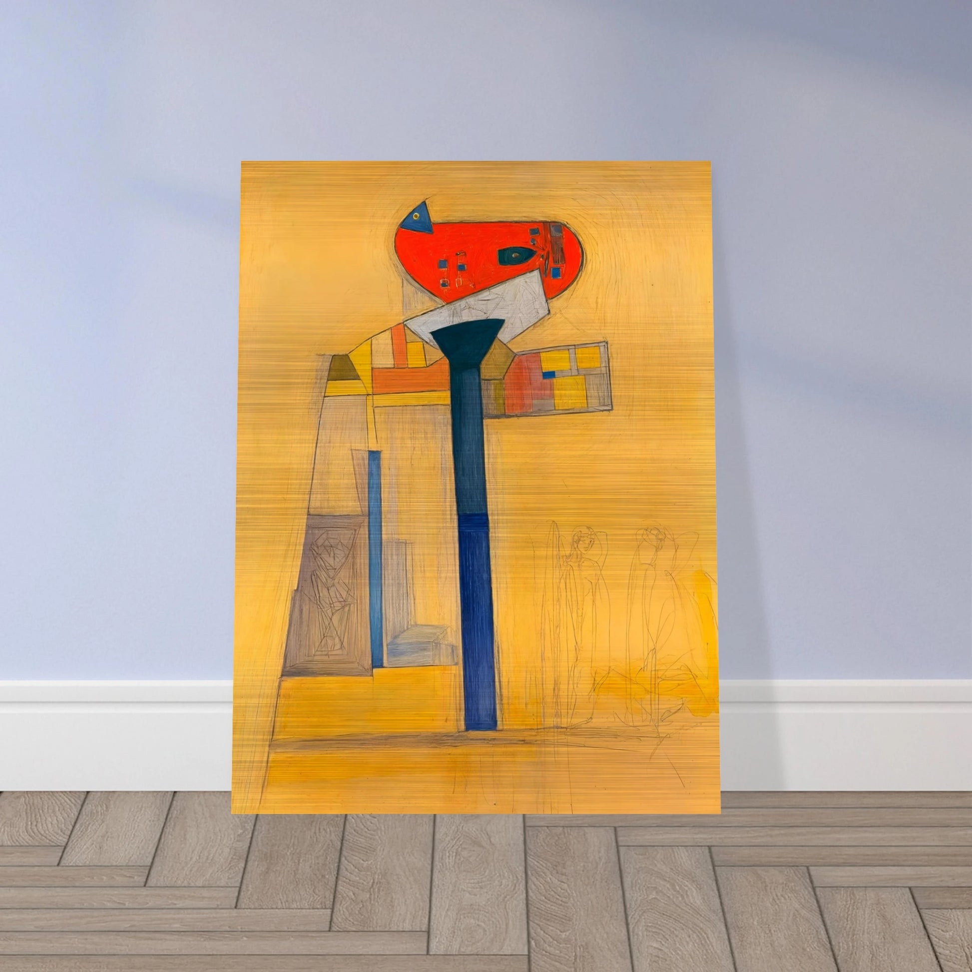 A surreal architectural painting with bold blue and red forms, fine sketches, and golden hues evoking quiet balance and tension.