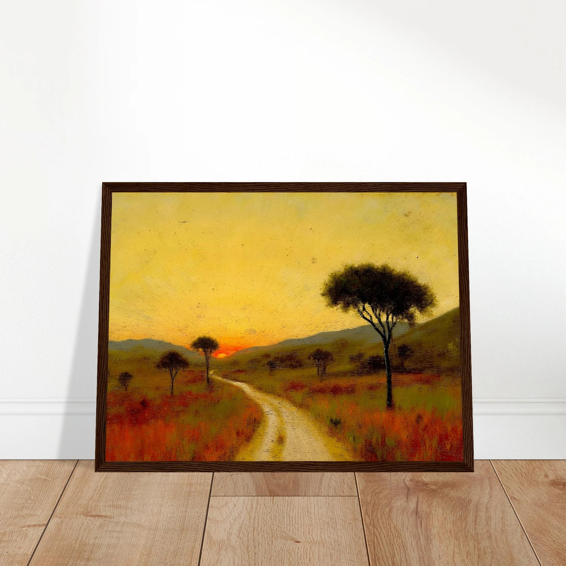A golden trail winds through a grassy plain at sunset, flanked by scattered trees and glowing hills under a radiant yellow sky.