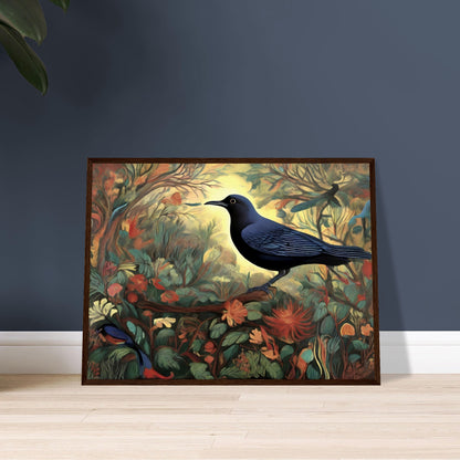 A stunning painting of a black bird with blue undertones perched amidst a vibrant forest of flowers and leaves, illuminated by a glowing golden light in the background.