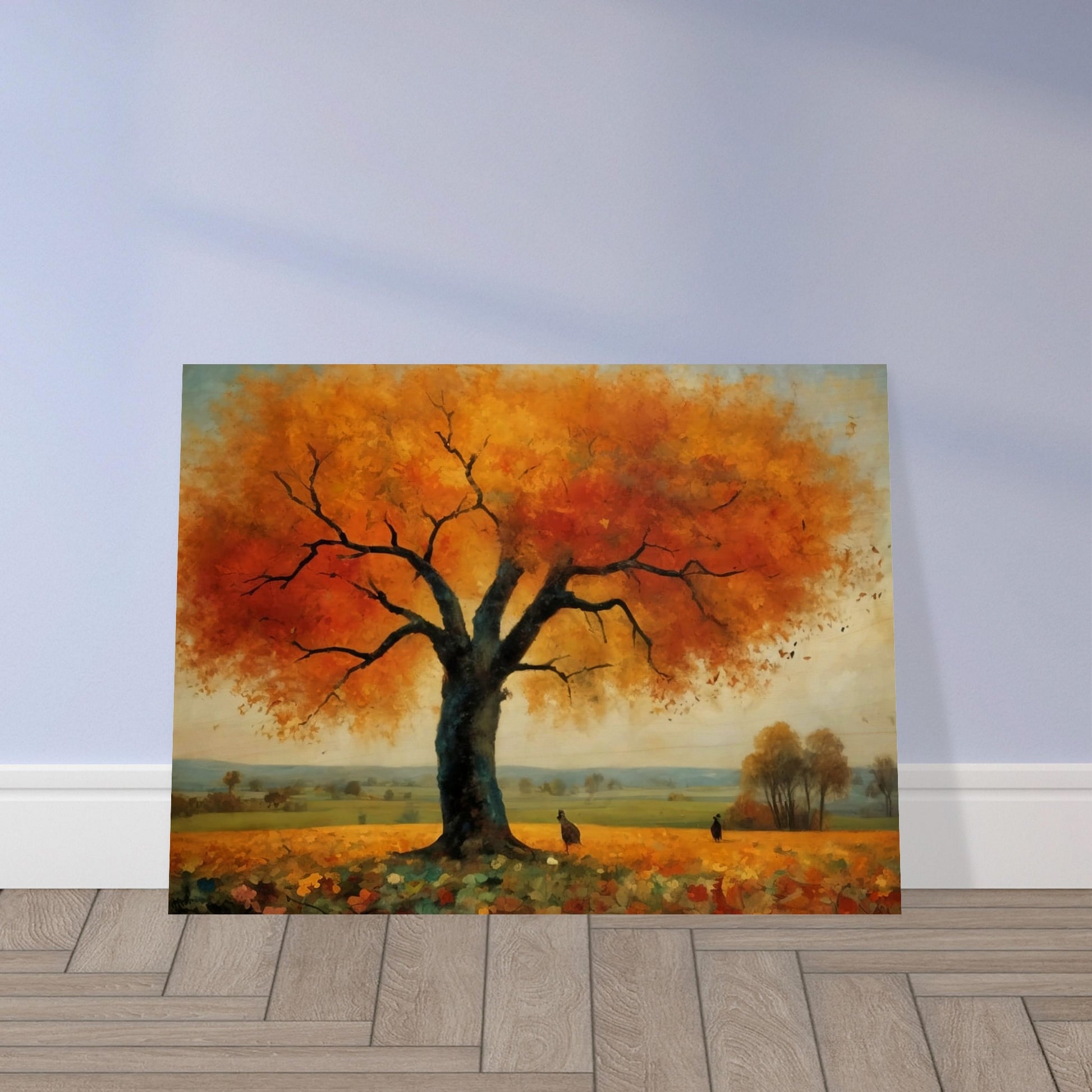 "A breathtaking landscape featuring a large tree with vibrant orange and yellow autumn leaves, set against a tranquil countryside."