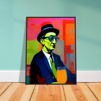 Bold and colorful painting of an older man in a hat and glasses, with green tones on his face, a suit, and a bright orange drink.