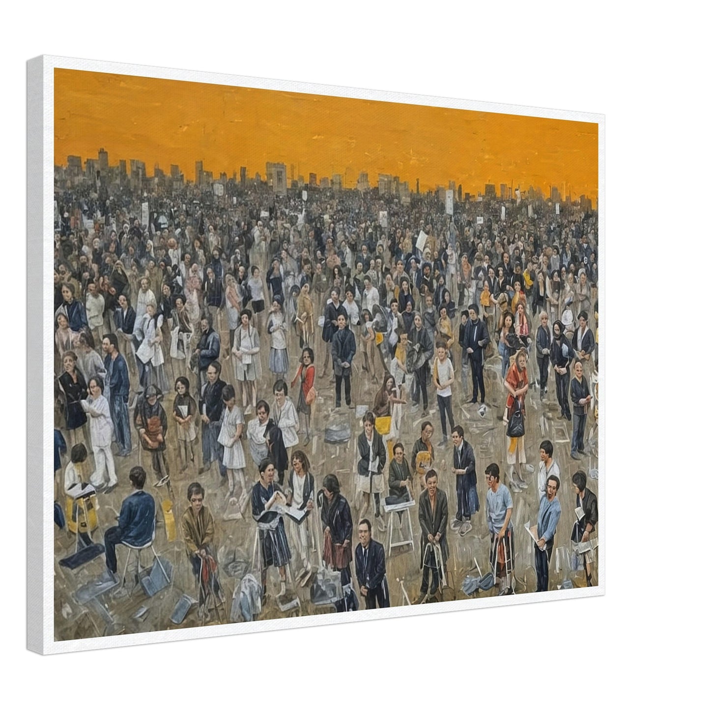 A detailed painting of a large crowd of people gathered in an open space under a vibrant orange sky at sunset. The diverse crowd features individuals engaged in various activities, with the city skyline visible in the background.