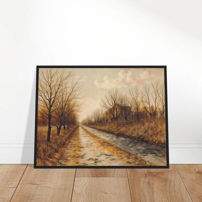 A tranquil autumn road lined with bare trees and golden grass under soft clouds, evoking stillness and quiet reflection.