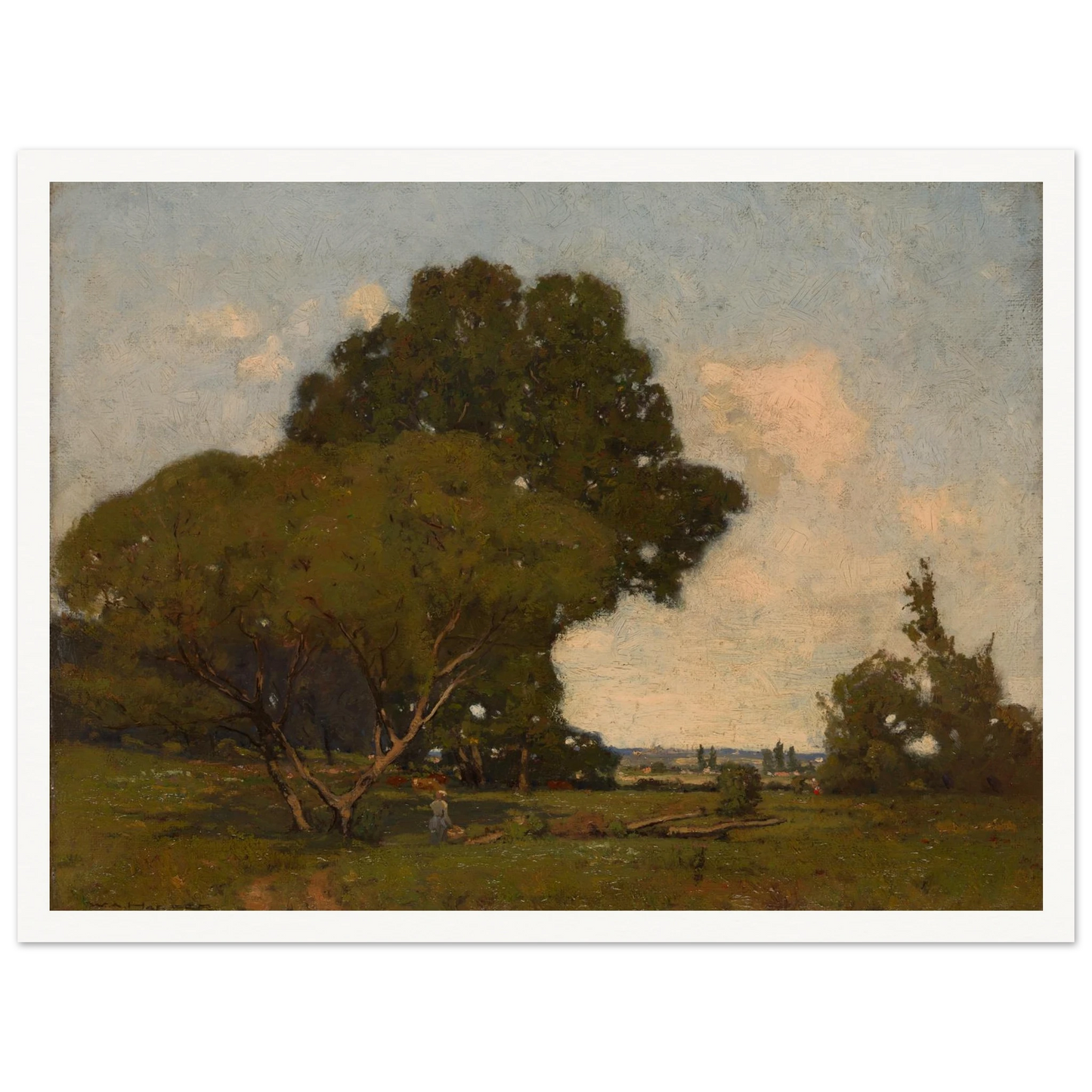 A woman walks through a green meadow beneath broad trees, with a winding path and soft clouds in the distance.