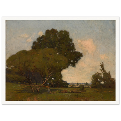 A woman walks through a green meadow beneath broad trees, with a winding path and soft clouds in the distance.