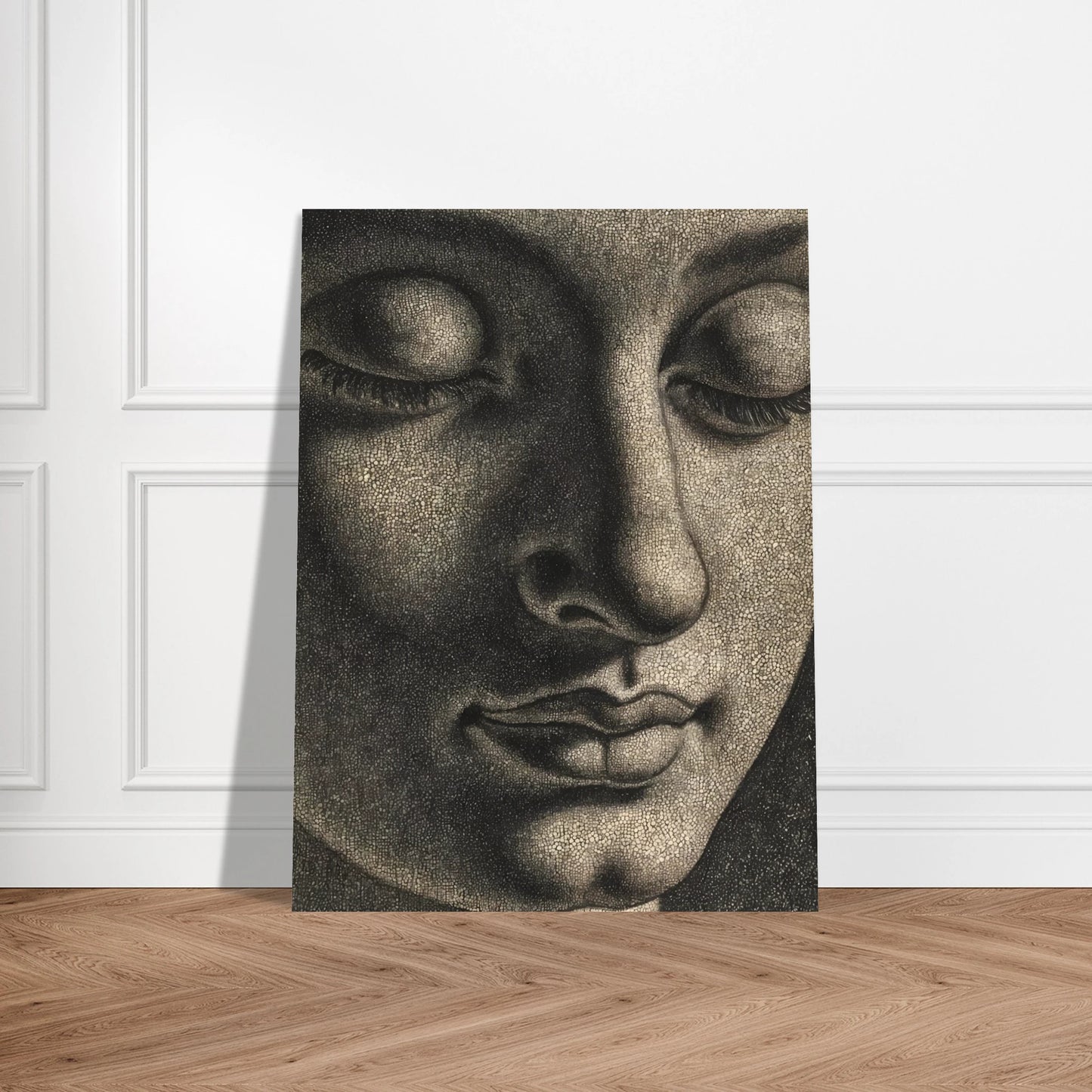 A contemplative monochrome portrait with lowered eyes and soft shadows evokes serenity, introspection, and timeless spiritual calm.
